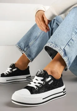 Czarne Trampki na Platformie z Cyrkoniami i Koronką Nusilwen