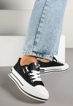 Czarne Trampki na Platformie z Cyrkoniami i Koronką Nusilwen