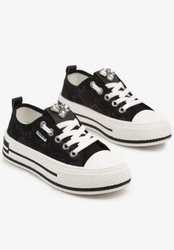 Czarne Trampki na Platformie z Cyrkoniami i Koronką Nusilwen