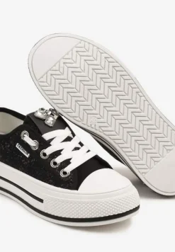 Czarne Trampki na Platformie z Cyrkoniami i Koronką Nusilwen