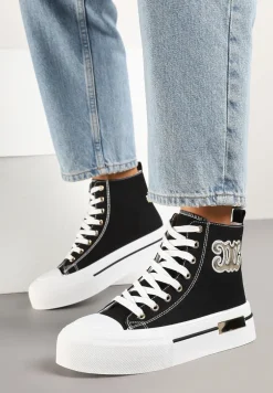 Czarne Trampki na Platformie z Wysoką Cholewką i Naszywką Nurissea