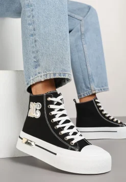 Czarne Trampki na Platformie z Wysoką Cholewką i Naszywką Nurissea