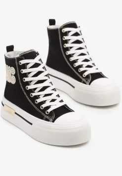 Czarne Trampki na Platformie z Wysoką Cholewką i Naszywką Nurissea