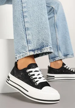 Czarne Trampki na Platformie z Niską Cholewką i Koronką Jenalora