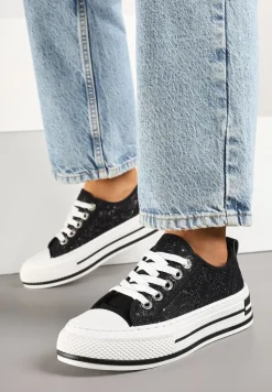 Czarne Trampki na Platformie z Niską Cholewką i Koronką Jenalora