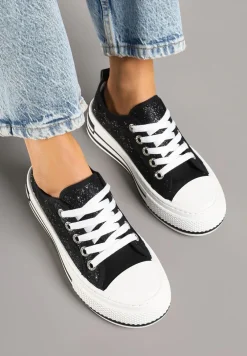 Czarne Trampki na Platformie z Niską Cholewką i Koronką Jenalora