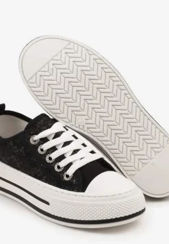Czarne Trampki na Platformie z Niską Cholewką i Koronką Jenalora