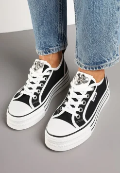 Czarne Trampki na Platformie z Biżuteryjną Aplikacją Flortewis