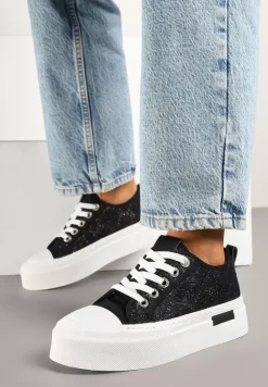 Czarne Trampki na Platformie Ozdobione Haftem Talauri