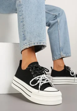 Czarne Trampki na Platformie z Podwójnymi Sznurówkami Tasmio