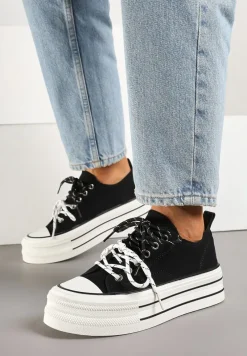 Czarne Trampki na Platformie z Podwójnymi Sznurówkami Tasmio