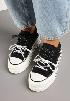 Czarne Trampki na Platformie z Podwójnymi Sznurówkami Tasmio