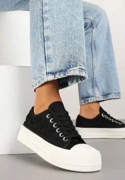 Czarne Trampki na Platformie Ozdobione Plecionką Ronliera