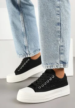 Czarne Trampki na Platformie Ozdobione Plecionką Ronliera