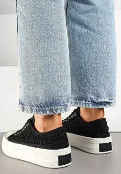 Czarne Trampki na Platformie Ozdobione Plecionką Ronliera