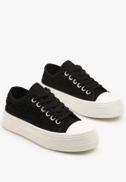 Czarne Trampki na Platformie Ozdobione Plecionką Ronliera