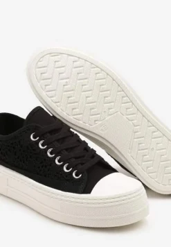 Czarne Trampki na Platformie Ozdobione Plecionką Ronliera