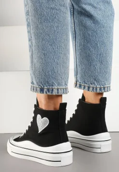 Czarne Trampki na Platformie z Serduszkiem za Kostkę Ellista