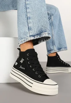 Czarne Trampki na Platformie Ozdobione Metalicznymi Aplikacjami Jalzedis