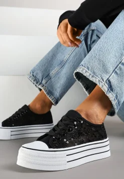 Czarne Trampki Vices z Siateczki z Cekinami na Grubej Podeszwie Telanila