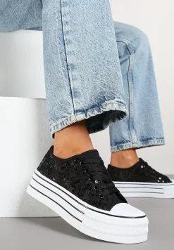 Czarne Trampki Vices z Siateczki z Cekinami na Grubej Podeszwie Telanila