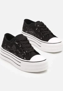 Czarne Trampki Vices z Siateczki z Cekinami na Grubej Podeszwie Telanila