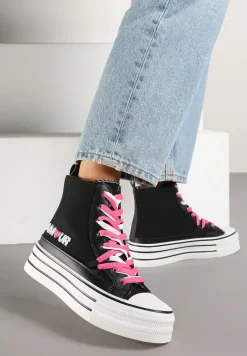 Czarne Trampki z Cholewką za Kostkę i Kontrastowym Sznurowaniem Rivloti