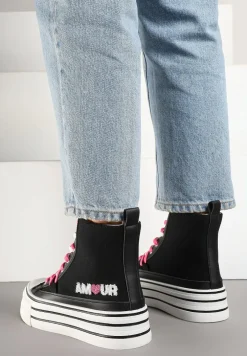 Czarne Trampki z Cholewką za Kostkę i Kontrastowym Sznurowaniem Rivloti