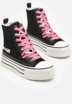 Czarne Trampki z Cholewką za Kostkę i Kontrastowym Sznurowaniem Rivloti