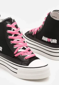 Czarne Trampki z Cholewką za Kostkę i Kontrastowym Sznurowaniem Rivloti