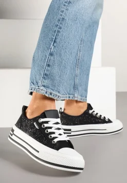 Czarne Trampki z Koronkową Wstawką z Błyszczącymi Drobinkami Daliven