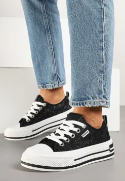 Czarne Trampki z Koronkową Wstawką z Błyszczącymi Drobinkami Daliven