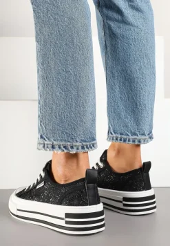 Czarne Trampki z Koronkową Wstawką z Błyszczącymi Drobinkami Daliven
