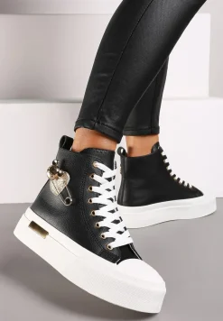 Czarne Trampki z Wysoką Cholewką na Platformie Wykończone Brokatową Broszką Terilaina