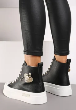 Czarne Trampki z Wysoką Cholewką na Platformie Wykończone Brokatową Broszką Terilaina