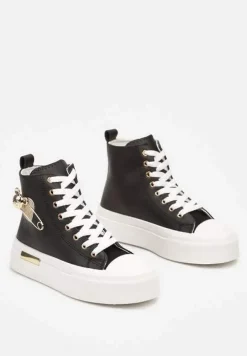 Czarne Trampki z Wysoką Cholewką na Platformie Wykończone Brokatową Broszką Terilaina