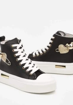 Czarne Trampki z Wysoką Cholewką na Platformie Wykończone Brokatową Broszką Terilaina