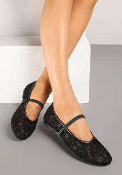 Czarne Transparentne Balerinki Vices z Haftem i Paskiem Nilovianna