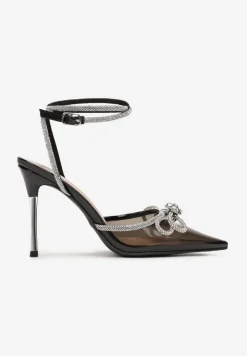 Czarne Transparentne Sandały na Szpilce z Cienkimi Paskami z Cyrkoniami Peppis
