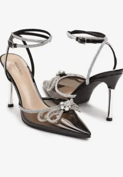Czarne Transparentne Sandały na Szpilce z Cienkimi Paskami z Cyrkoniami Peppis