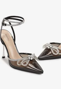 Czarne Transparentne Sandały na Szpilce z Cienkimi Paskami z Cyrkoniami Peppis