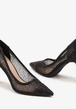 Czarne Transparentne Szpilki ze Szpiczastym Noskiem Ozdobione Cyrkoniami Neliris