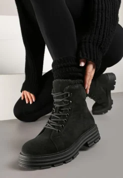 Czarne Traperki na Grubej Podeszwie z Futerkowym Zdobieniem Narinora