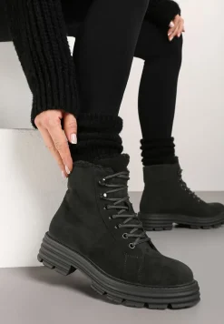 Czarne Traperki na Grubej Podeszwie z Futerkowym Zdobieniem Narinora