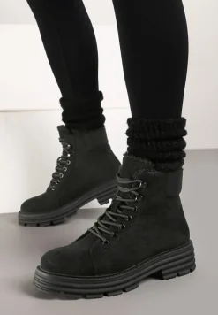 Czarne Traperki na Grubej Podeszwie z Futerkowym Zdobieniem Narinora