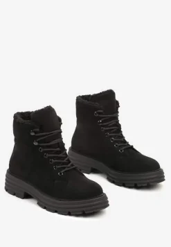 Czarne Traperki na Grubej Podeszwie z Futerkowym Zdobieniem Narinora