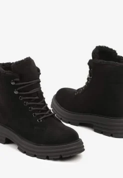 Czarne Traperki na Grubej Podeszwie z Futerkowym Zdobieniem Narinora