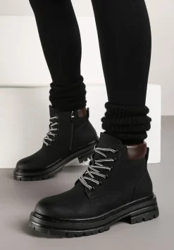 Czarne Traperki z Ociepleniem i Sznurowaniem Almudena