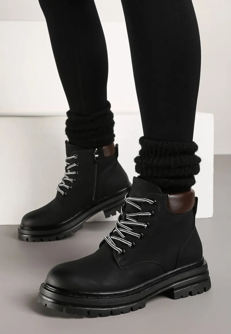 Czarne Traperki z Ociepleniem i Sznurowaniem Almudena