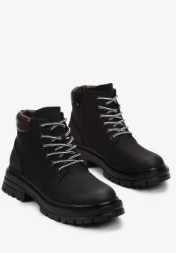 Czarne Traperki z Ociepleniem i Sznurowaniem Almudena